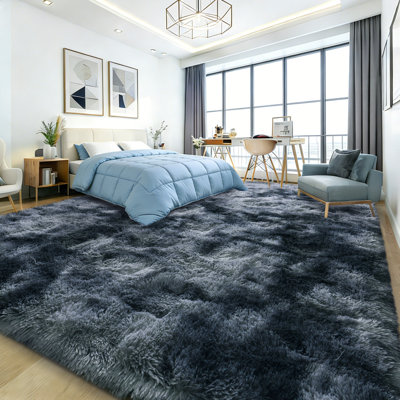9x12 ft Shag Area Rugs for Living Room, Soft Fluffy Rugs for Bedroom, Nursery, Kids Room Home Decor, Tie-Dyed Blue Grey