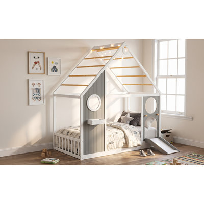 Lits simples, structure en bois aggloméré avec glissoire et lumières, maison pour enfants moderne