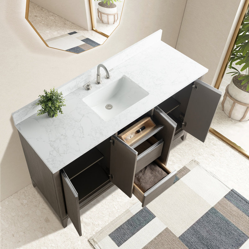 Meuble-lavabo double 60 po avec comptoir, Bois flottant gris, Simple , 60"
