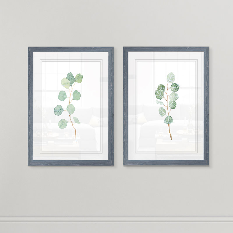 «Soft Eucalyptus Branch III» par Vincent Van Gogh - ensemble de 2 reproductions d'art encadrées, Cadre en papier gris, Blanc