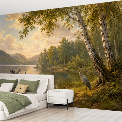 Wall Mural Peel and Stick Wallpaper Serene Riverside Landscape Trees Herons Tranquil Nature Setting Self-Adhesive Removable Contact Paper Wall Decor for Living Room Bedroom 69"H x 96"W