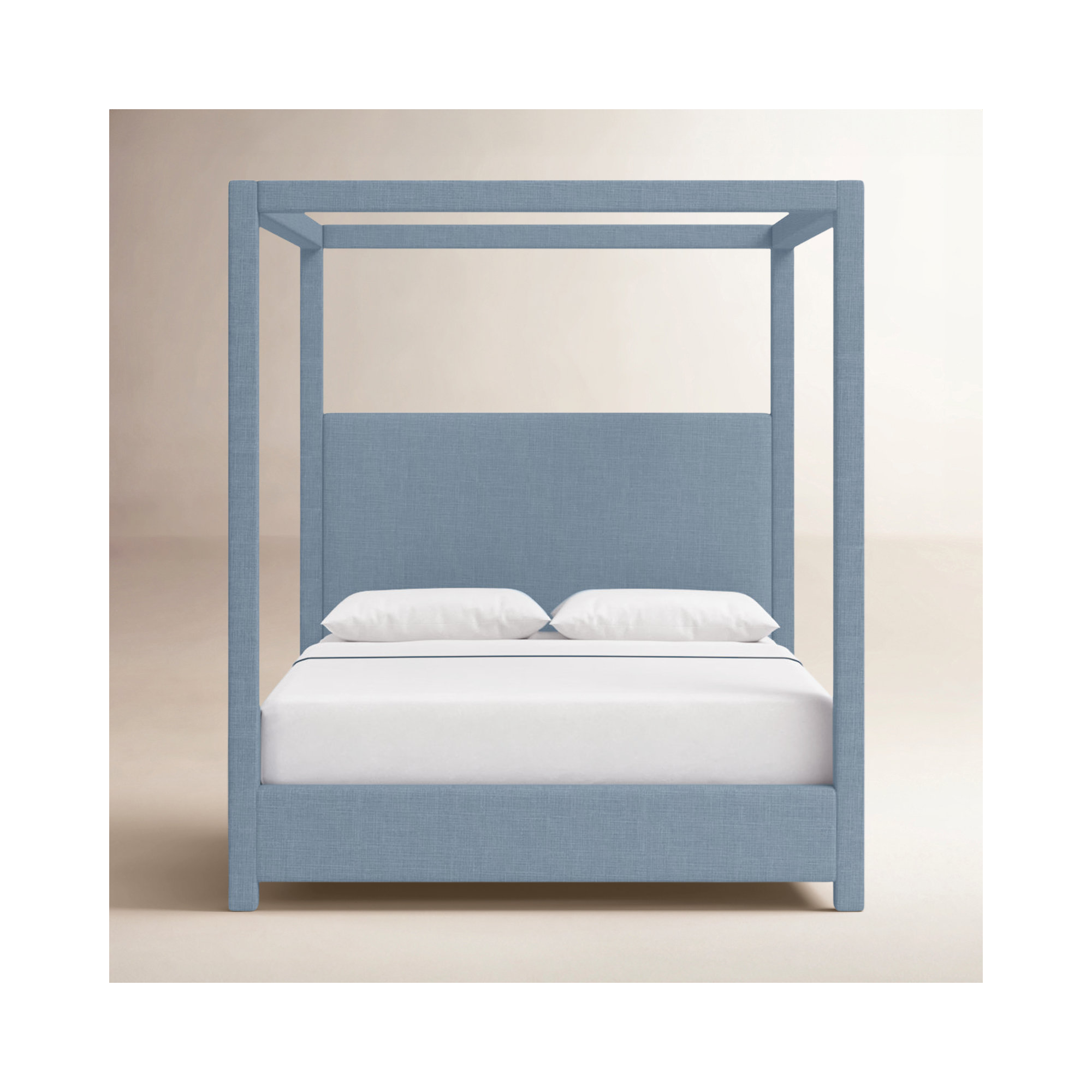 Upholstered Canopy Bed, King, Sky Blue Linen Textured Fabric