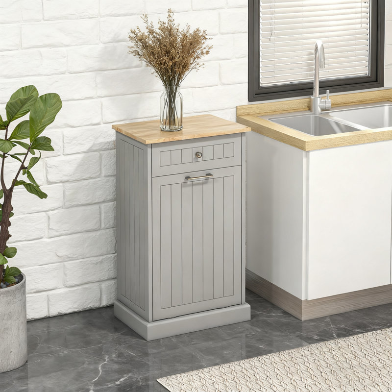 Armoire poubelle de cuisine autoportante inclinable avec tiroir et plateau en chêne durable pour un rangement intelligent et une optimisation de l'espace.