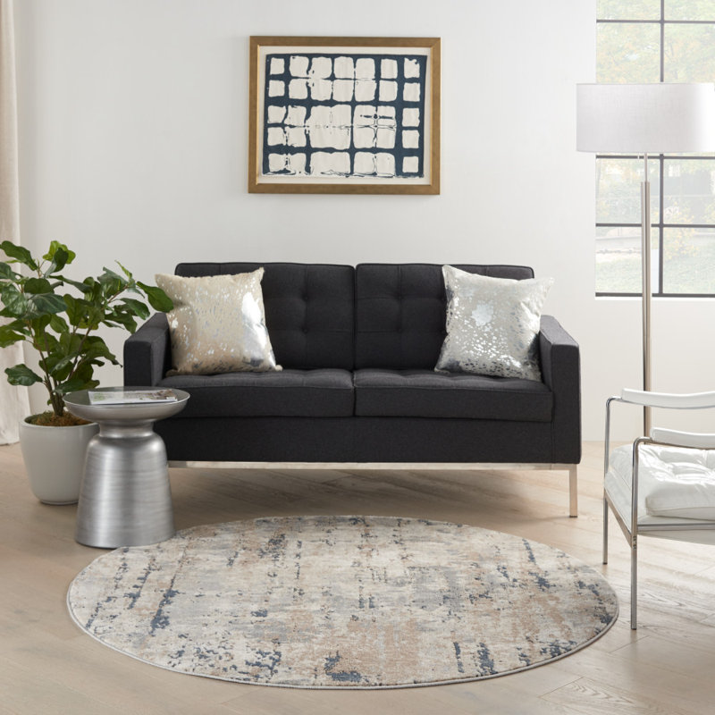 Tapis beige / gris en polyester / polypropylène tissé à la machine Addie, Beige/gris, Rond 7 pi 10 po