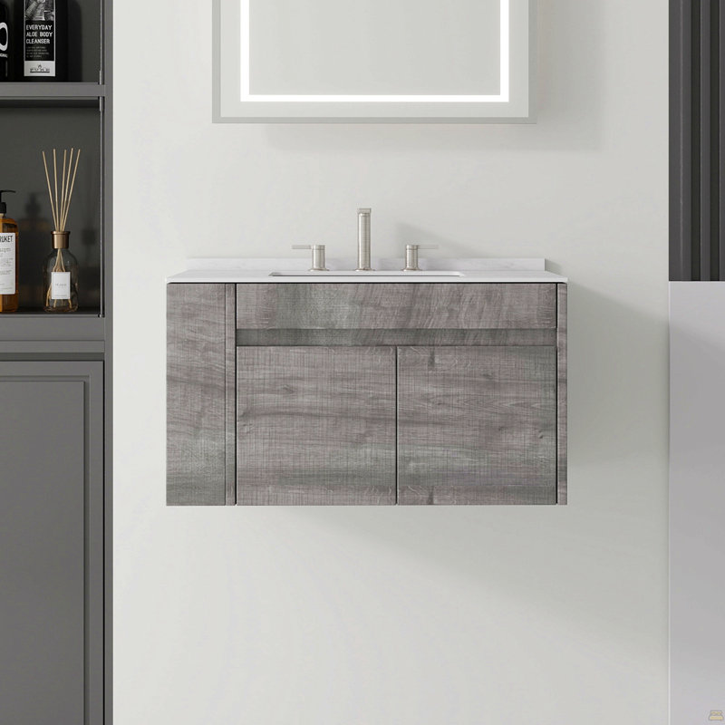 Meuble-lavabo flottant 30 po avec lavabo, porte à fermeture en douceur, comptoir et dosseret en marbre de culture blanc de 0,6 po Carrara, contreplaqué, gris