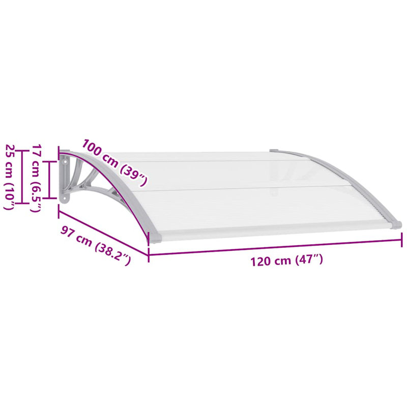 Aghan vidaXL Door Canopy, Outdoor Awning for Porch & Patio, Polycarbonate Cover, 1" H x 47.24" W x 39.4" D, Gray/Transparent