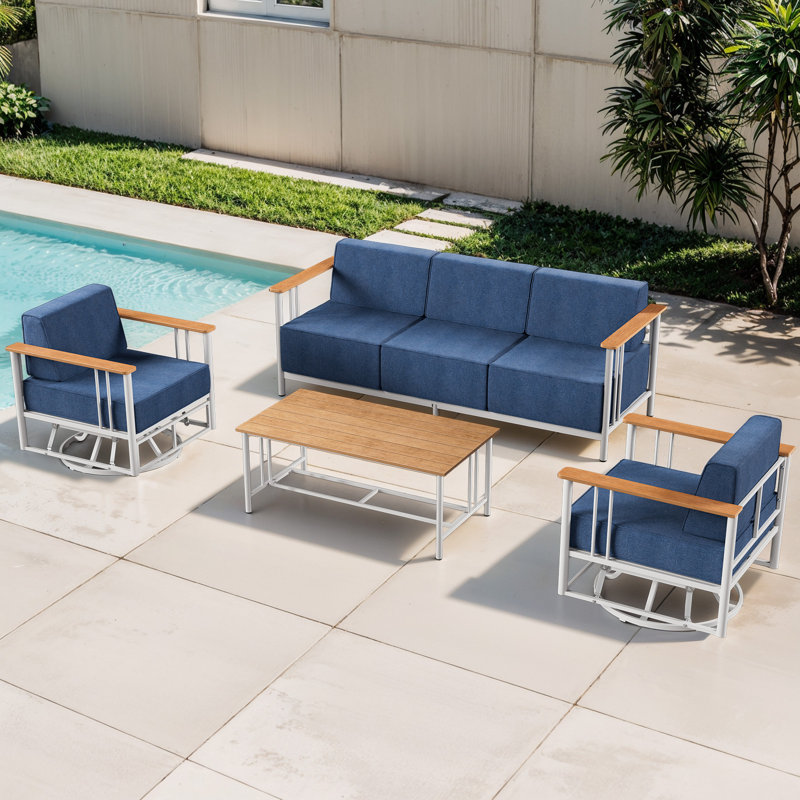 Ensemble de patio 4 pièces en osier avec canapé, 2 chaises berçantes pivotantes et table basse, Bleu, Blanc