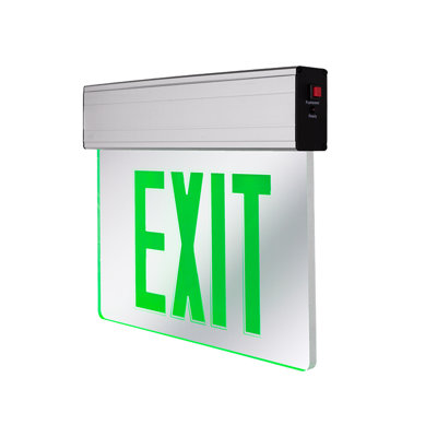 LED Edge-Lit Emergency Exit Sign – Dual-Sided, Mirror Panel, GREEN Letters, 120-277V, Battery Backup