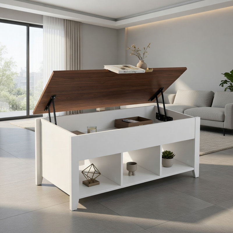 Hommoo Adjustable Height Coffee Table with Hidden Storage Compartment, Walnut & White, Walnut / Walnut & White