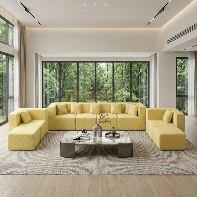 Modern Boneless Cloud 8-Seat Modular Sectional Sofa with 8 Pillows, No Assembly Required, Yellow Boucle