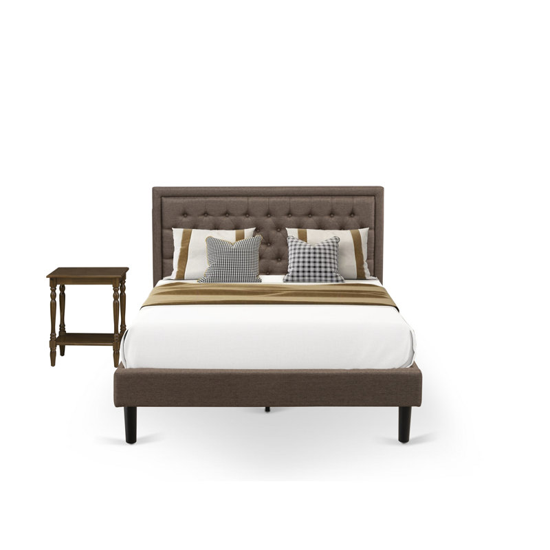 Ensemble de chambre à coucher 2 pièces pour grand lit - 1 lit plateforme avec tête de lit capitonnée en tissu et tissu de lin brun grand et 1 table de chevet en bois - Table de chevet au fini noyer antique
