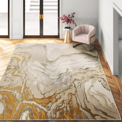 Jordon Vanhorn Abstract Marble Print Rug Grey/Gold