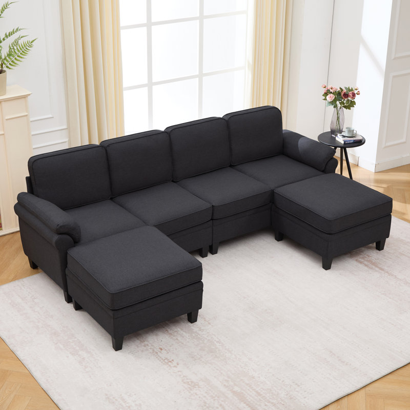 Canapé d'angle modulaire Cloud 102 pouces (259 cm) - 144 cm (L) x 87 cm (P) x 87 cm (H) - Mélange de lin - Noir - Avec rangement sous l'assise