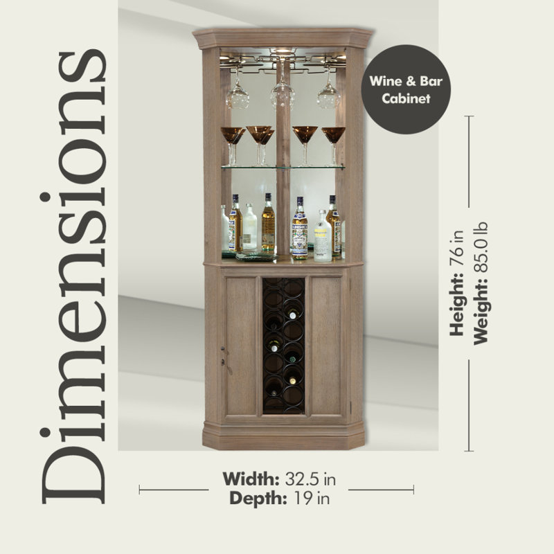 Piedmont IV Corner Wine Cabinet with Lighting and Glass Door, Light Brown