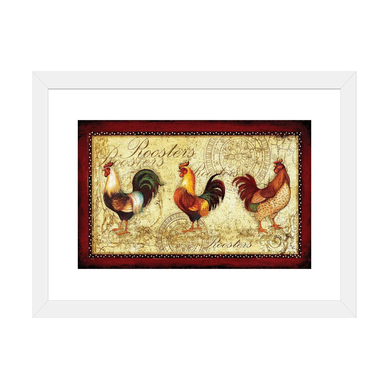 «Rooster Trio» par Viv Eisner - impression d'art graphique, H 16 po x l 24 po x P 1 po, Papier encadré blanc, Blanc