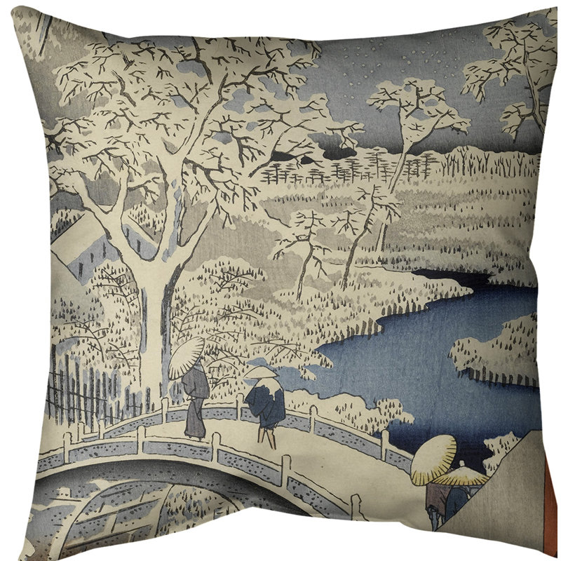 Housse de coussin meguro et pont tambour et coucher de soleil hill, 18 po x 18 po, Blanc / bleu, Faux lin