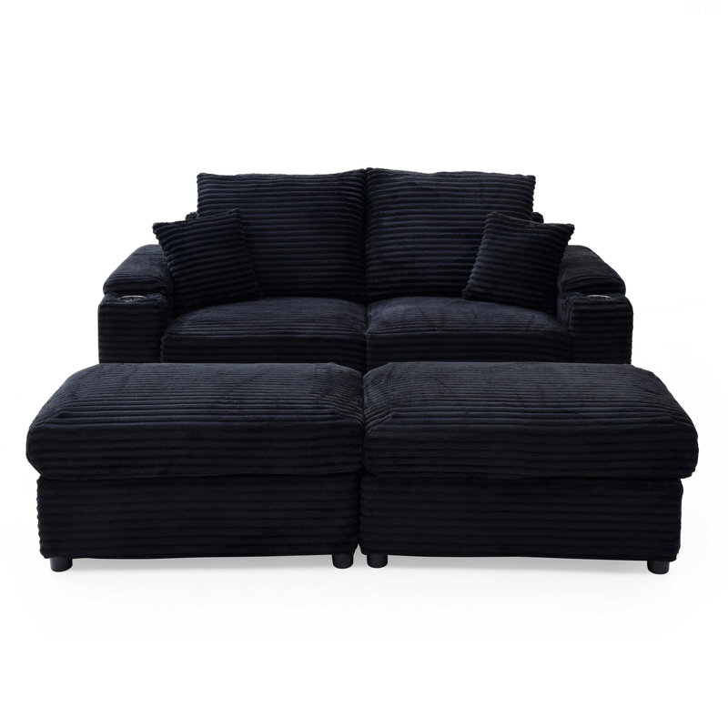 Corduroy Fabric Loveseat with Ottomans and Two Pillows, Black Corduroy