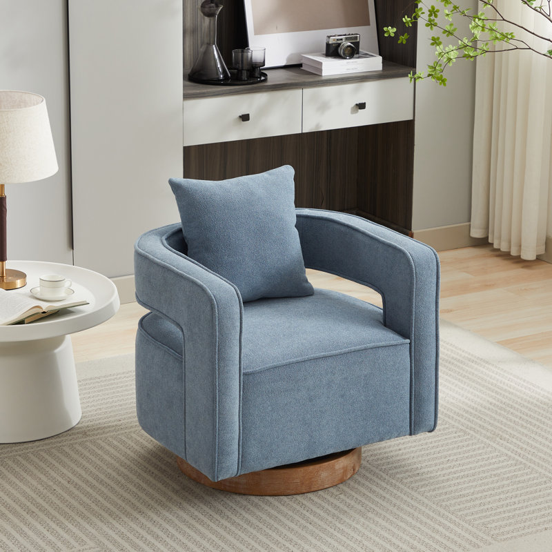 Fauteuil demi-tonneau pivotant à dossier creux de 29,1 po de largeur avec base en bois, Mélange de lin bleu pâle