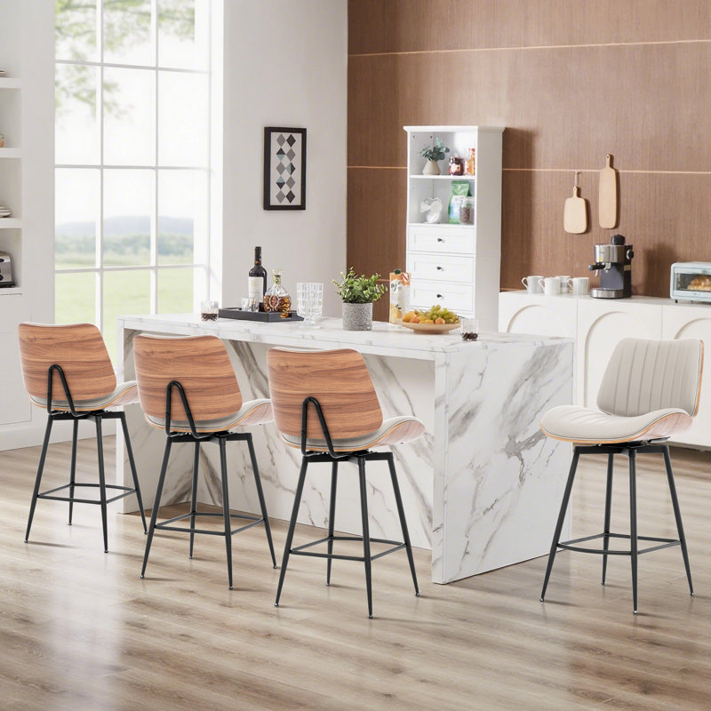 Chelsea Mid-Century Swivel Bar Stool With PU Leather Seat, White