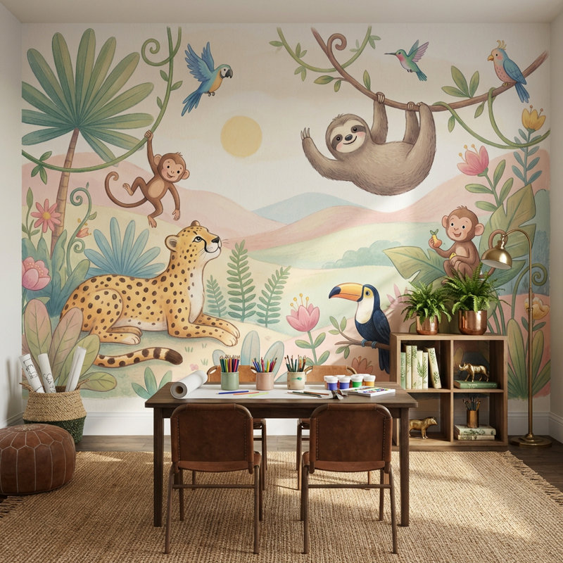 Jungle Wallpaper Animals Tropical Wall Mural, 120"x96", Non-Woven Nonpasted