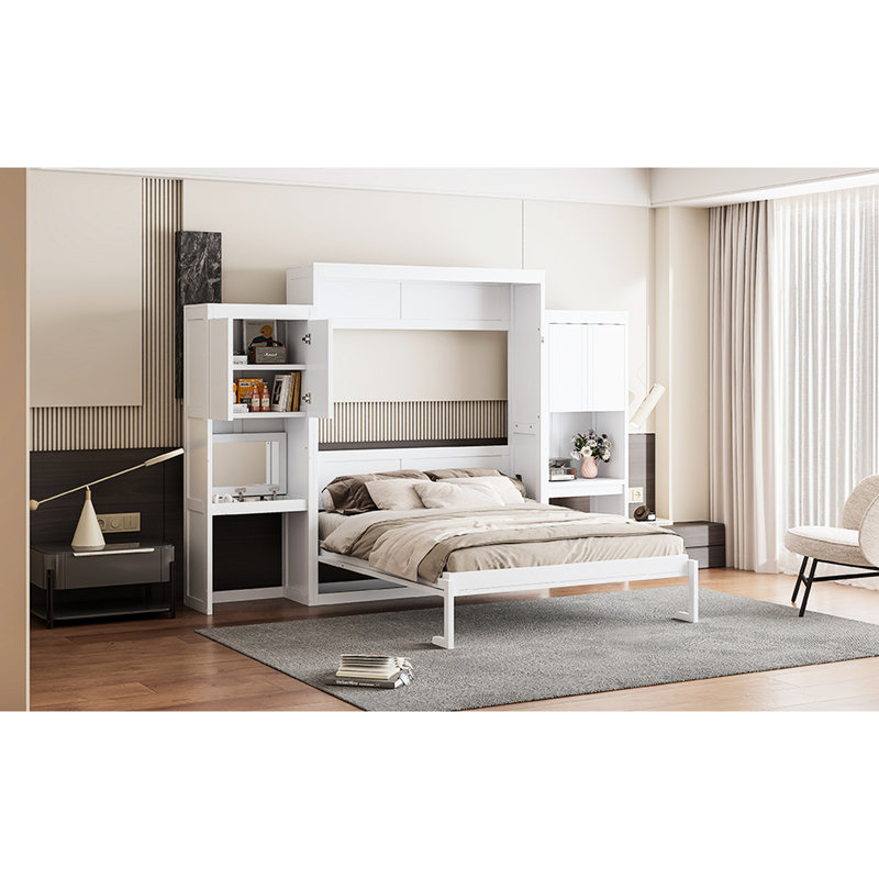Grand lit avec bureau, coiffeuse et armoires blanches, multifonctionnel pour les petites chambres à coucher Espaces de travail limités