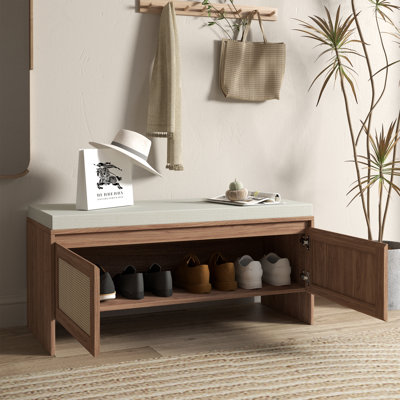 Wood Entryway Shoe Storage Bench with Cover Removable Cushion, 2 Faux Rattan Doors