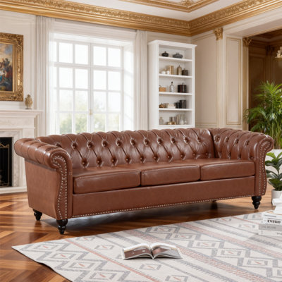 Canapé Chesterfield classique 84 po en cuir synthétique capitonné à 3 places avec accoudoirs roulés et garniture cloutée