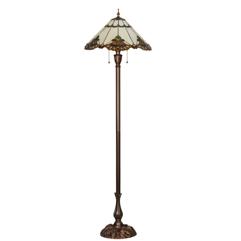63" Blue and Amber Stained Glass Floor Lamp with Mahogany Bronze Base