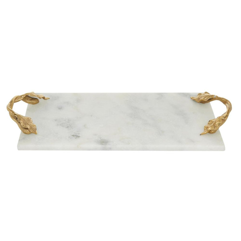 Monier Marble Rectangular Decor Tray with Twisted Leaf Handles, White/Gold