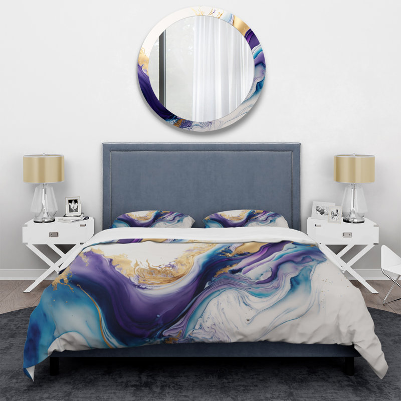 Ensemble de housse de couette en microfibre / polyester bleu, doré et mauve Splash Paint III Bedding