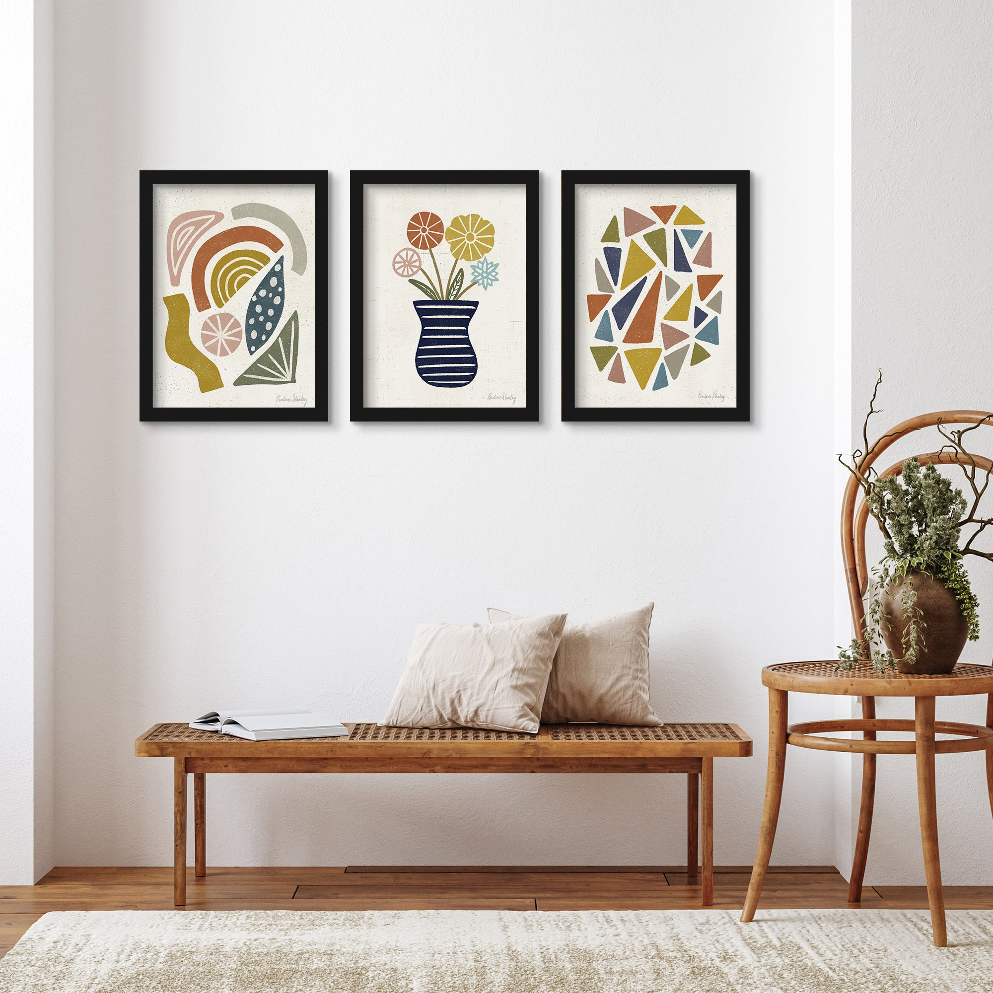 Corrigan Studio® Abstract Geo Flowers by Pauline Stanley - 3 Piece Picture  Frame Print Set on Wood