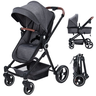2-in-1 Reversible Baby Stroller and Bassinet – Lightweight collapsible Pushchair, One-Hand Fold, Adjustable Recliner Seat, Shock Absorbing, Extra-Large Canopy & Storage Basket – Light Grey
