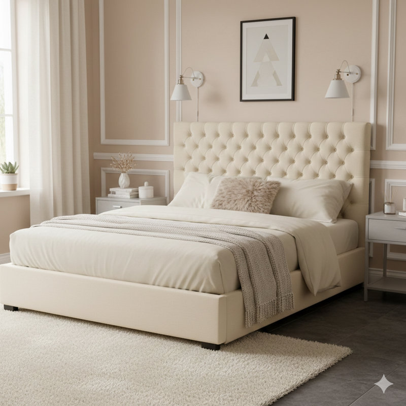 Tête de lit capitonnée et capitonnée pour lit de style moderne à boutons, fabrication en bois massif réglable, comprenant des pieds en métal durables pour la chambre à coucher.