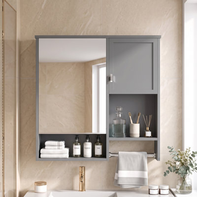 29×28 Inch Wall Mount Mirror Cabinet with Towel Bar for Over Toilet Bathroom Storage