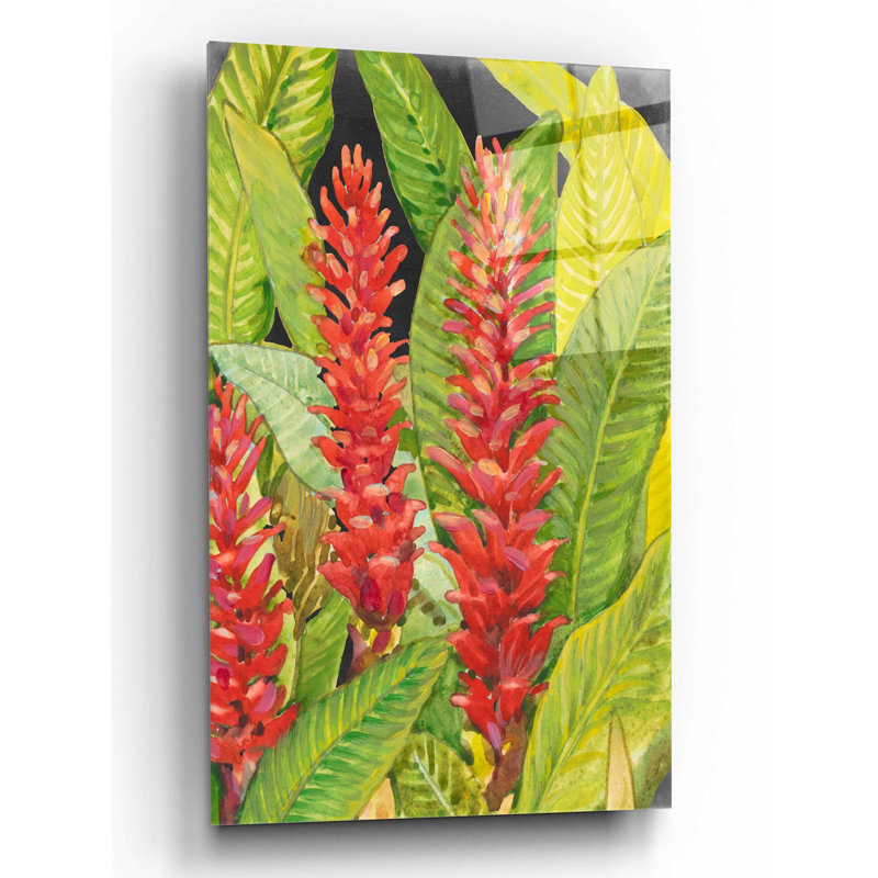 Art mural en verre épique «Red Tropical Flowers II» par Tim O'Toole, H 16 po x l 12 po x P 0,13 po