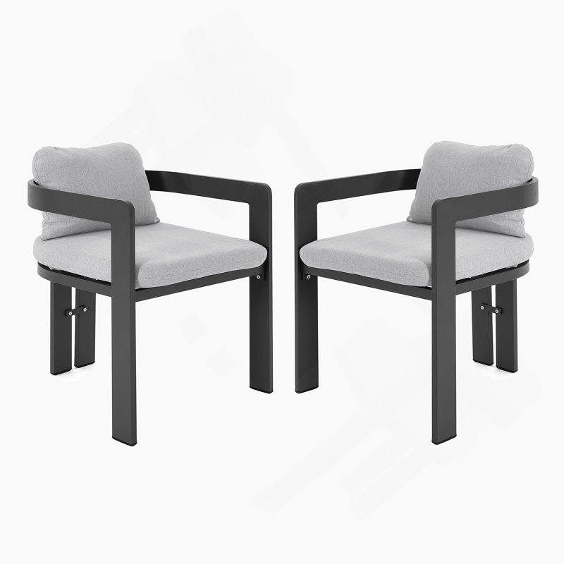 Chaise de patio d'extérieur en aluminium, ensemble de 2, finition noire avec coussin gris