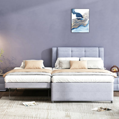 Lit plateforme double pleine grandeur en gris gracieux. Bois de pin massif +. Pas de sommier tapissier pour un assemblage facile, gris et flexible
