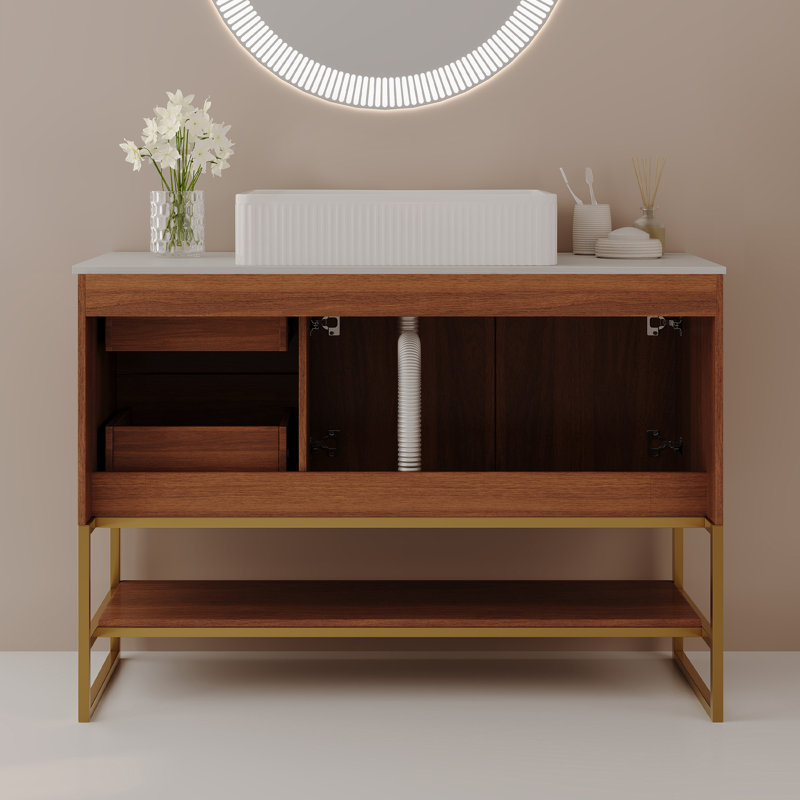 Meuble-lavabo autoportant 36 po avec lavabo en céramique et plateau en pierre frittée 36 po, meuble-lavabo en bois et or pour la salle de bain