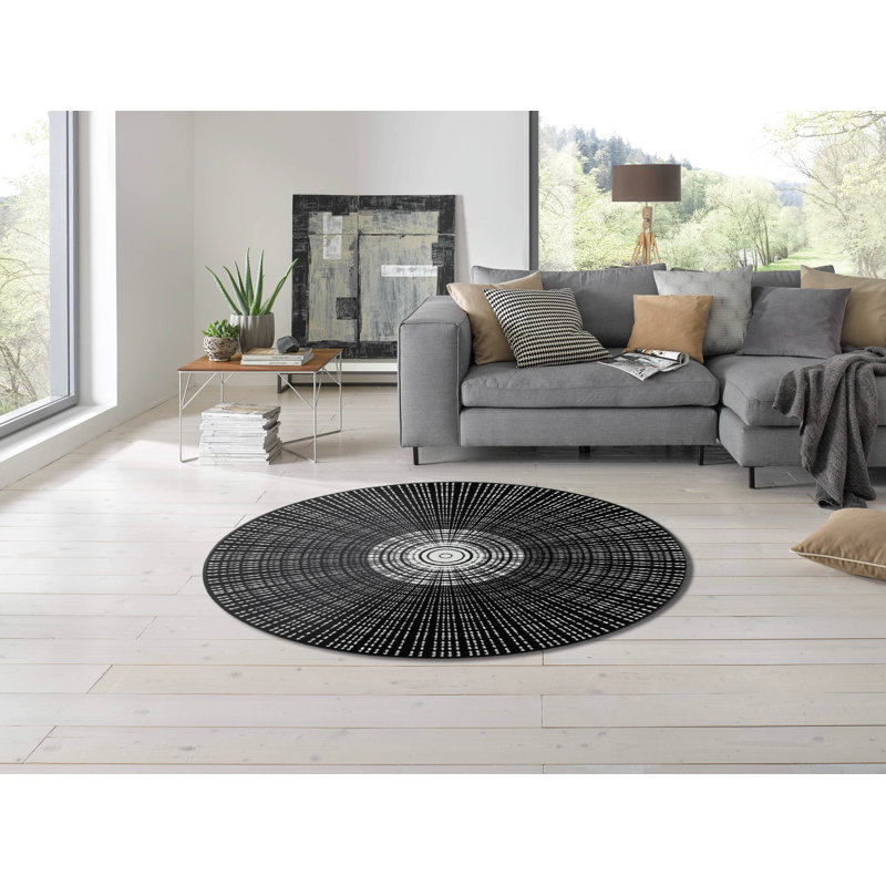Cascara Non-Slip Geometric Doormat, Black, Round 85cm