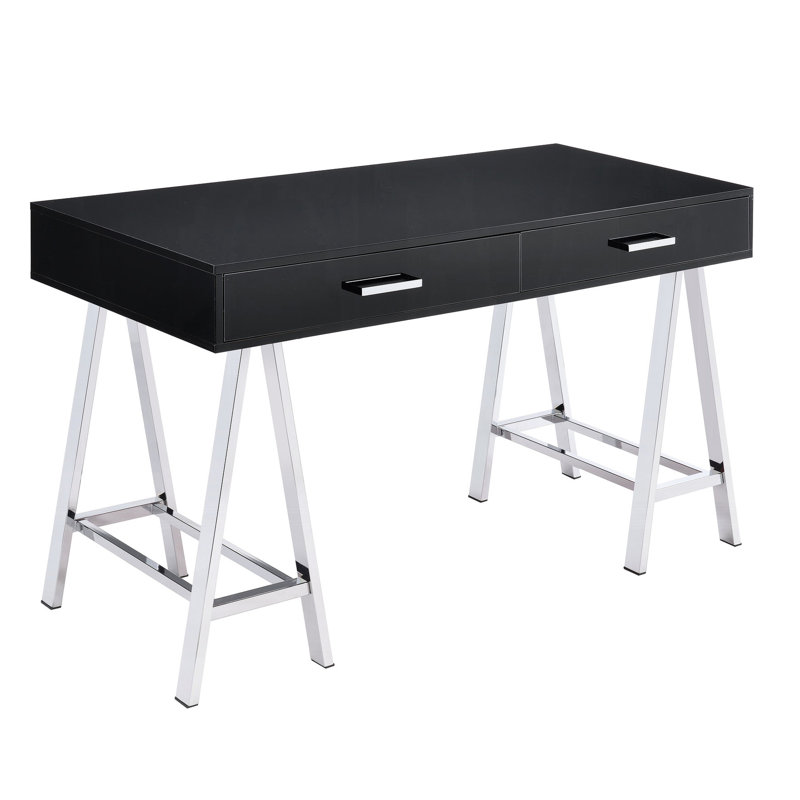 Bureau rectangulaire avec base et 2 tiroirs, bureau noir brillant