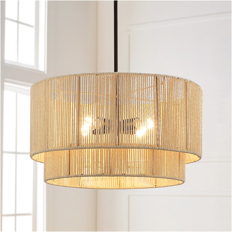 Nekoosa 4 - Light 22in Hand-Woven Drum Chandelier, Beige