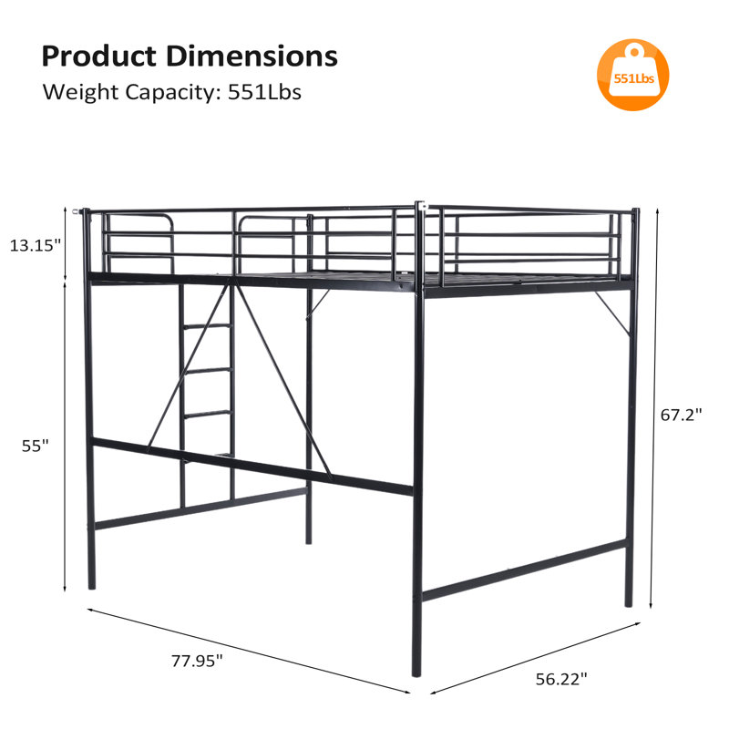 Loft Bed With Flat Rungs For Adults, Kids And Young Teens, No Box Spring Required, Black, Full