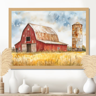 Grange rouge et jaune avec silo patiné - Tableau encadré représentant une ferme ou un ranch