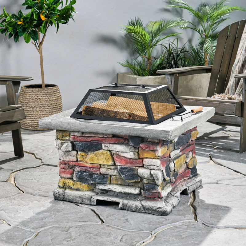 28" Concrete Outdoor Fire Pit Table With Lid In Stone Gray. Create A Cozy Atmosphere. Elegant Matte Steel, Charming Flames. Heat Iron Bowl, Fiberglass Reinforced Cement Base. Mesh Cover And Included.