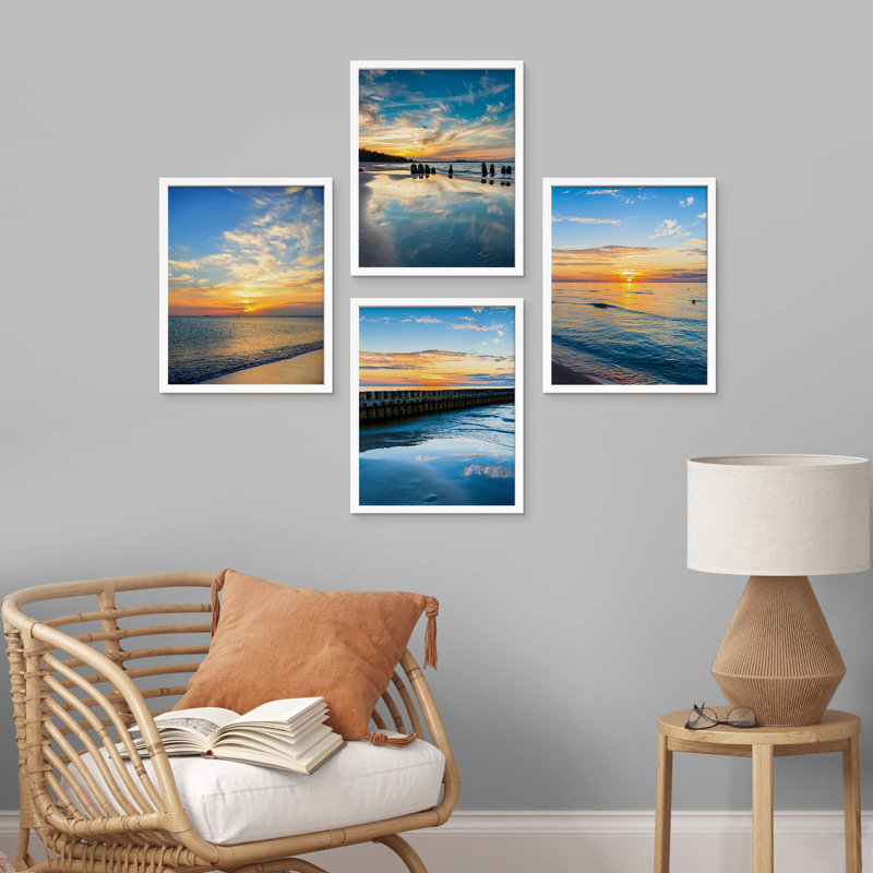 «White Vibrant Blue and Orange Sunset Ocean Sea», impression sur papier 4 pièces, Blanc, H 10 po x l 8 po