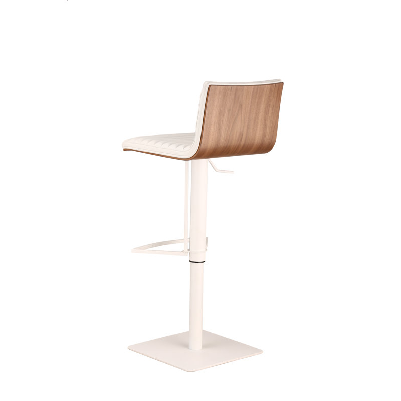 Acarlar Adjustable Height Swivel Faux Leather and Walnut Wood Bar Stool with Metal Base, White, Stainless Steel