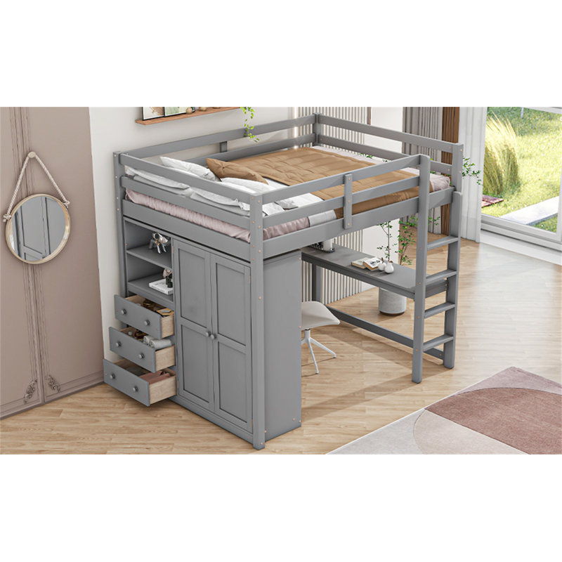 Lit mezzanine en bois avec garde-robe intégré, Gris
