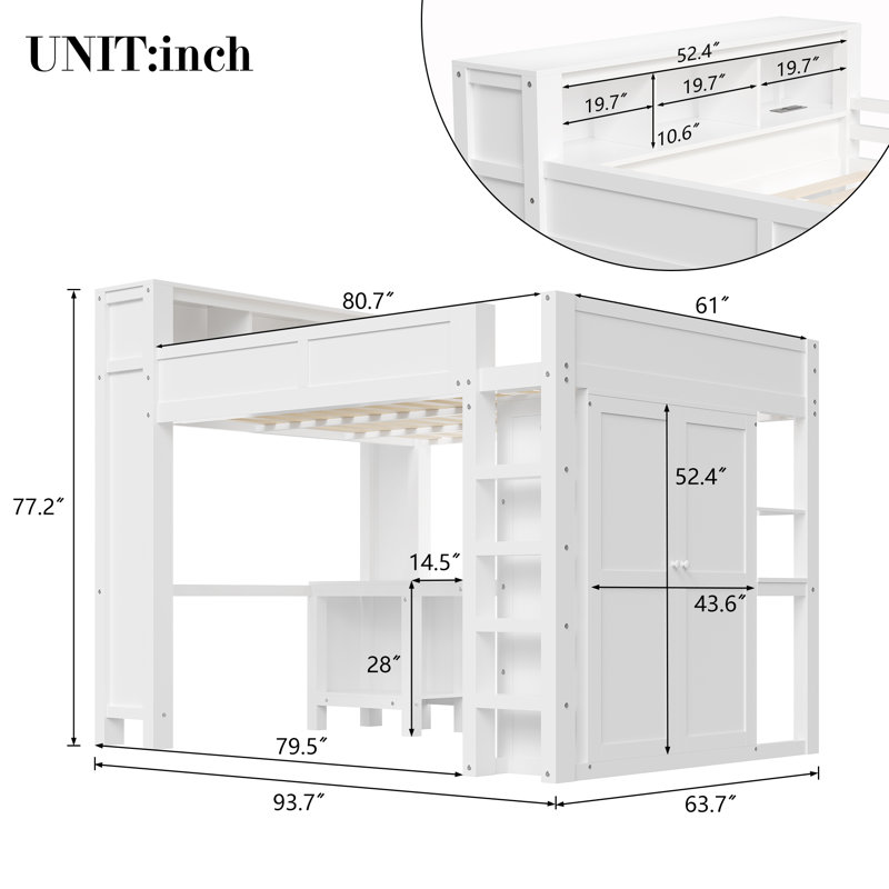 Grand lit mezzanine en bois avec bureau, garde-robe, rangement pour tête de lit et chargement USB, blanc, Blanc