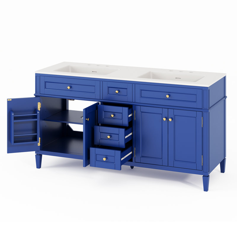 Meuble-lavabo double 60 po en bois massif avec plateau en acrylique, bleu marine, Marine