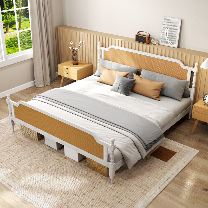 Platform Bed Frame with Natural Rattan Headboard and Footboard, Bohemian and Mid Century Style, Brown/White, Queen